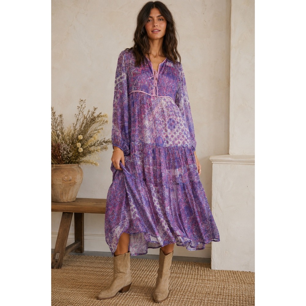 Blue Boheme Midi Dress M/L Purple Paisley Tiered Boho Festival Ethereal Gauze